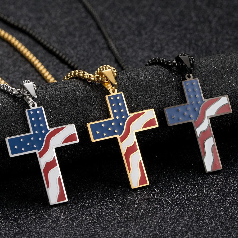 Men's Polished Stainless Steel Geometric Cross Pendant