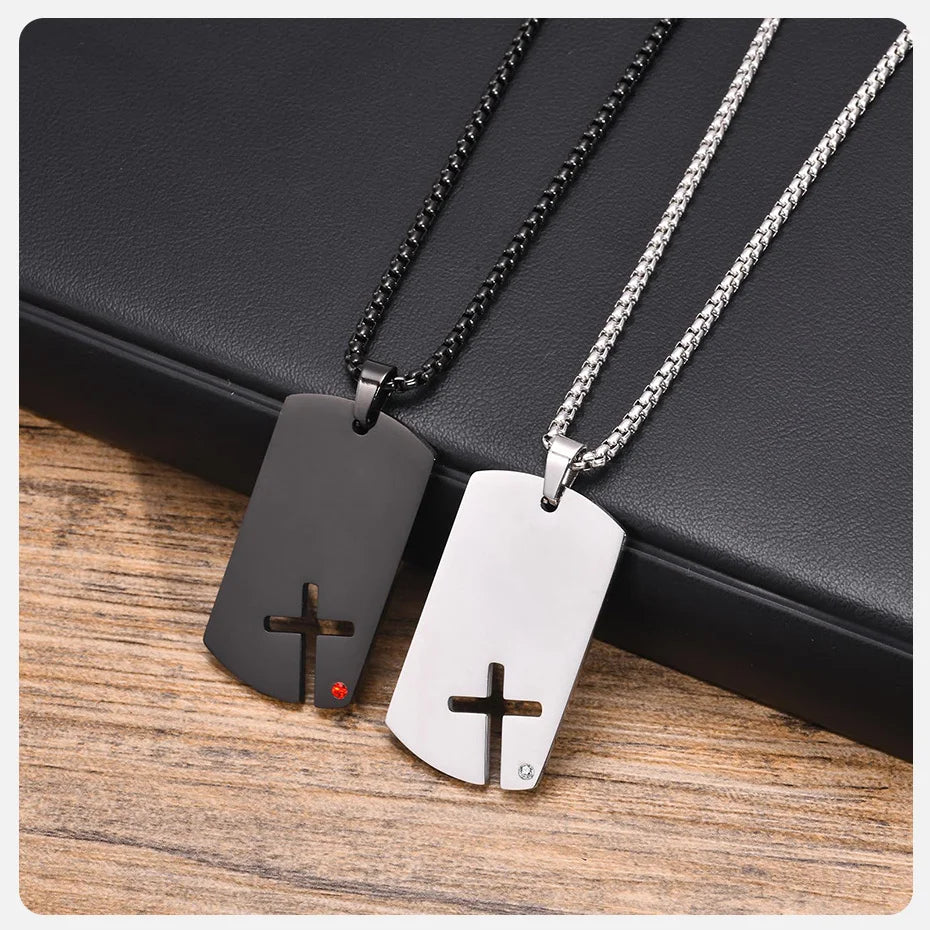 Cross Titanium Steel Pendant Necklace - Men's Stainless Steel Dog Tag with Cubic Zirconia