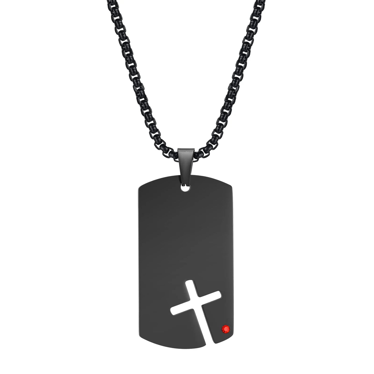 Cross Titanium Steel Pendant Necklace - Men's Stainless Steel Dog Tag with Cubic Zirconia