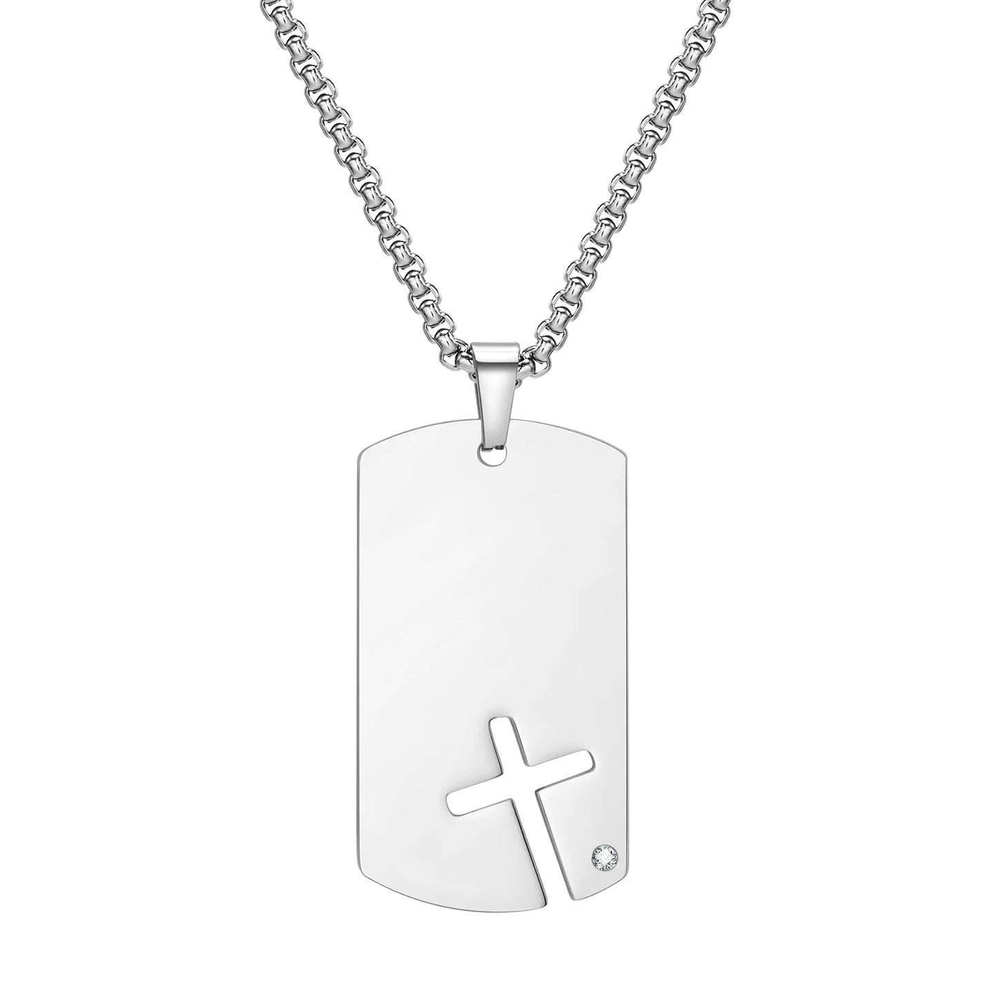 Cross Titanium Steel Pendant Necklace - Men's Stainless Steel Dog Tag with Cubic Zirconia