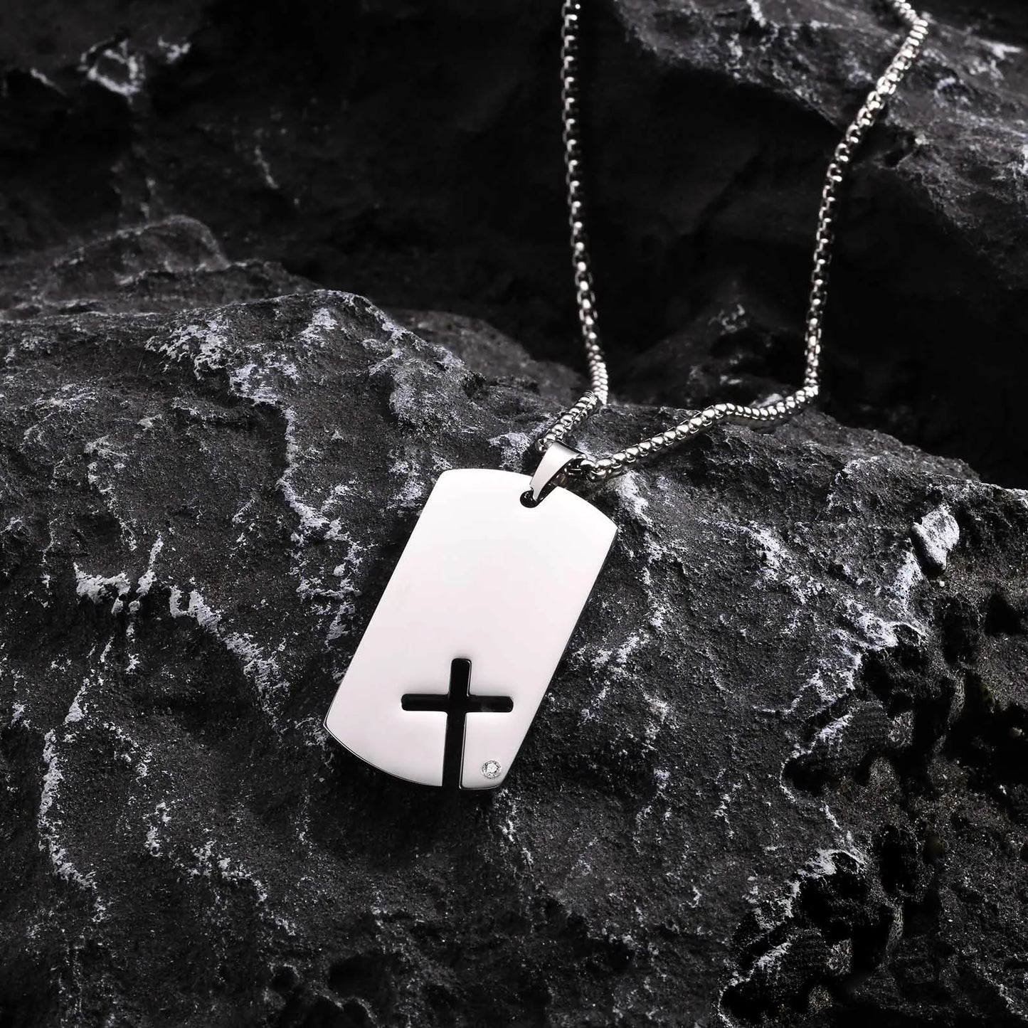 Cross Titanium Steel Pendant Necklace - Men's Stainless Steel Dog Tag with Cubic Zirconia