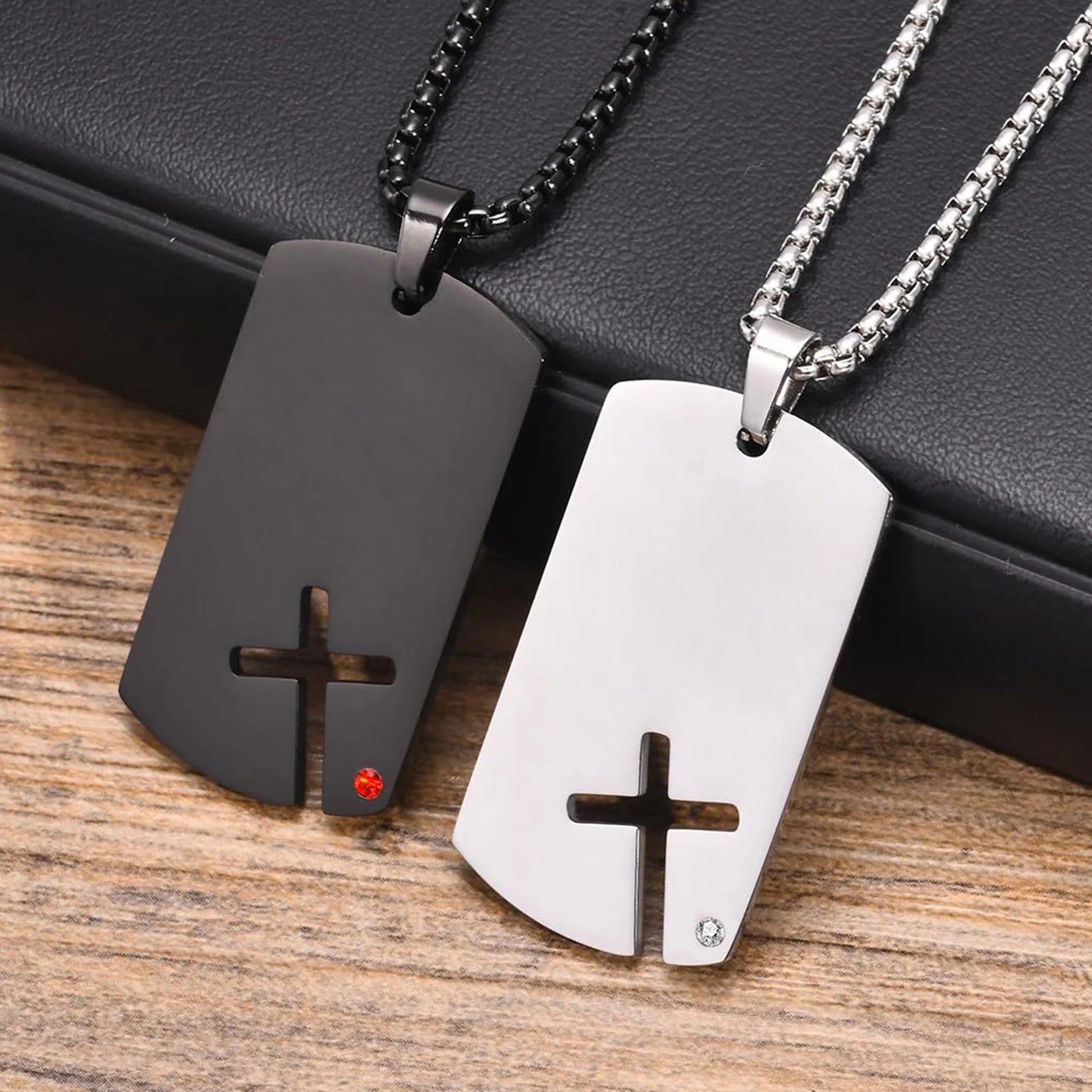 Cross Titanium Steel Pendant Necklace - Men's Stainless Steel Dog Tag with Cubic Zirconia