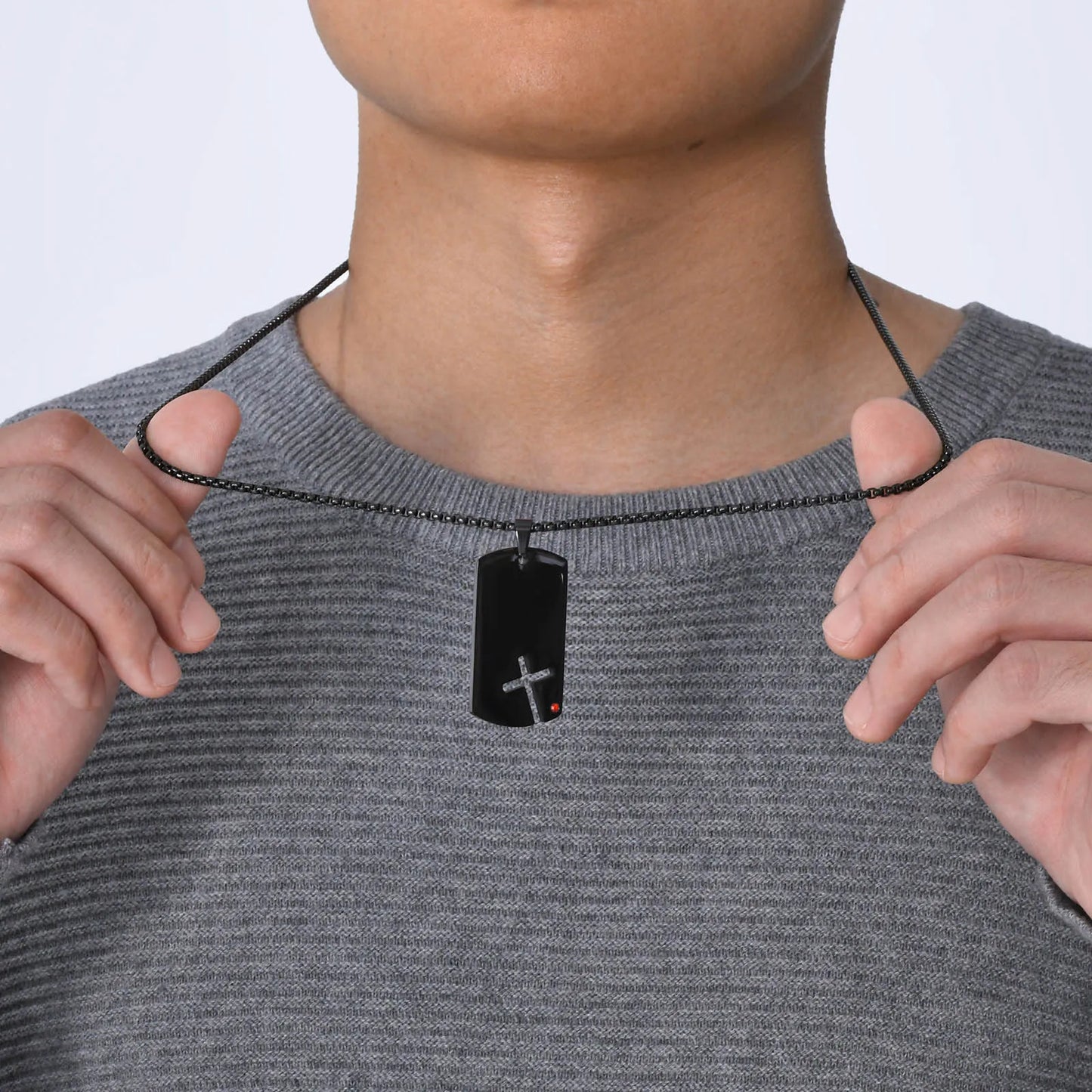 Cross Titanium Steel Pendant Necklace - Men's Stainless Steel Dog Tag with Cubic Zirconia