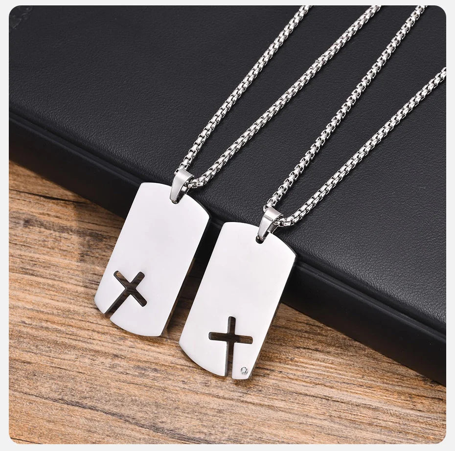 Cross Titanium Steel Pendant Necklace - Men's Stainless Steel Dog Tag with Cubic Zirconia