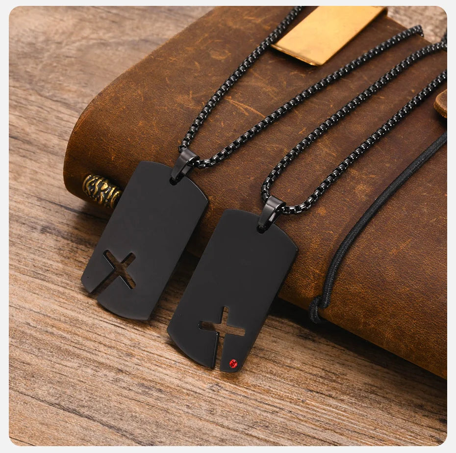 Cross Titanium Steel Pendant Necklace - Men's Stainless Steel Dog Tag with Cubic Zirconia