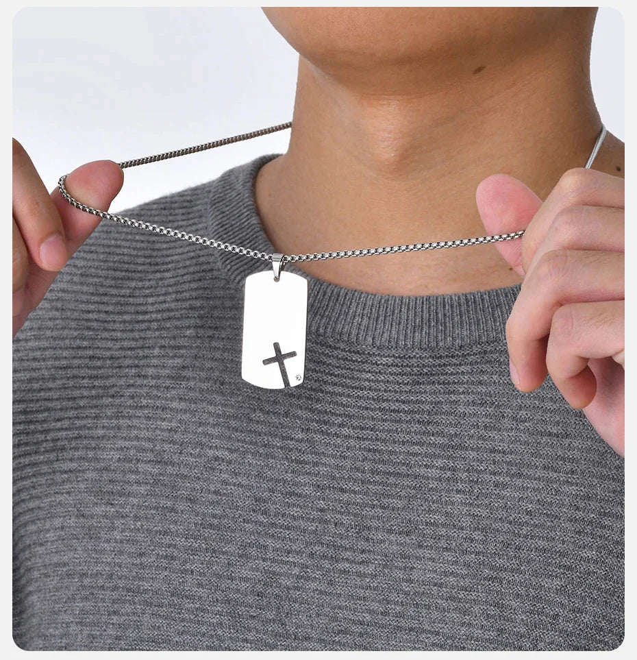 Cross Titanium Steel Pendant Necklace - Men's Stainless Steel Dog Tag with Cubic Zirconia