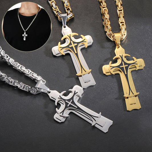Herren Trinity Lateinisches Kreuz Halskette – Mehrlagiger Anhänger aus Titanstahl